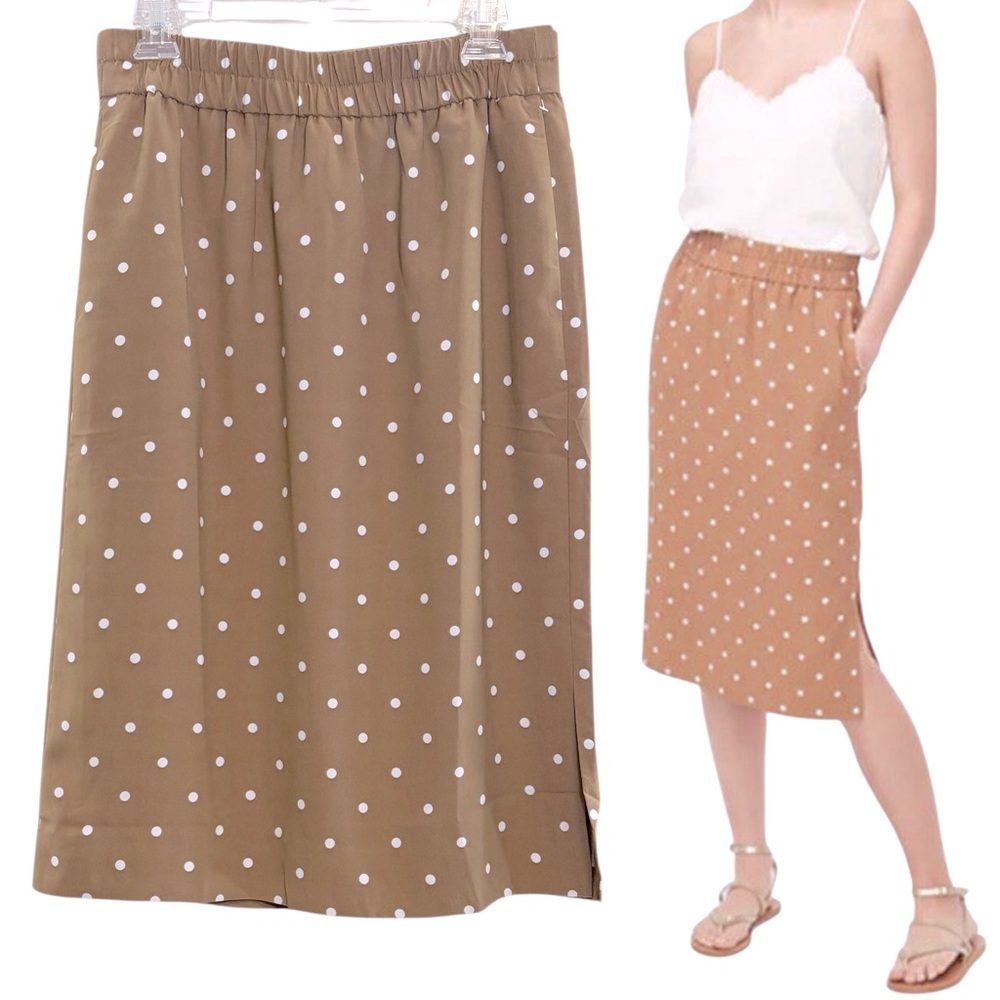 NEW J. Crew Tan White Neutral Polka Dot Straight Midi Skirt w/ Slit Size Small